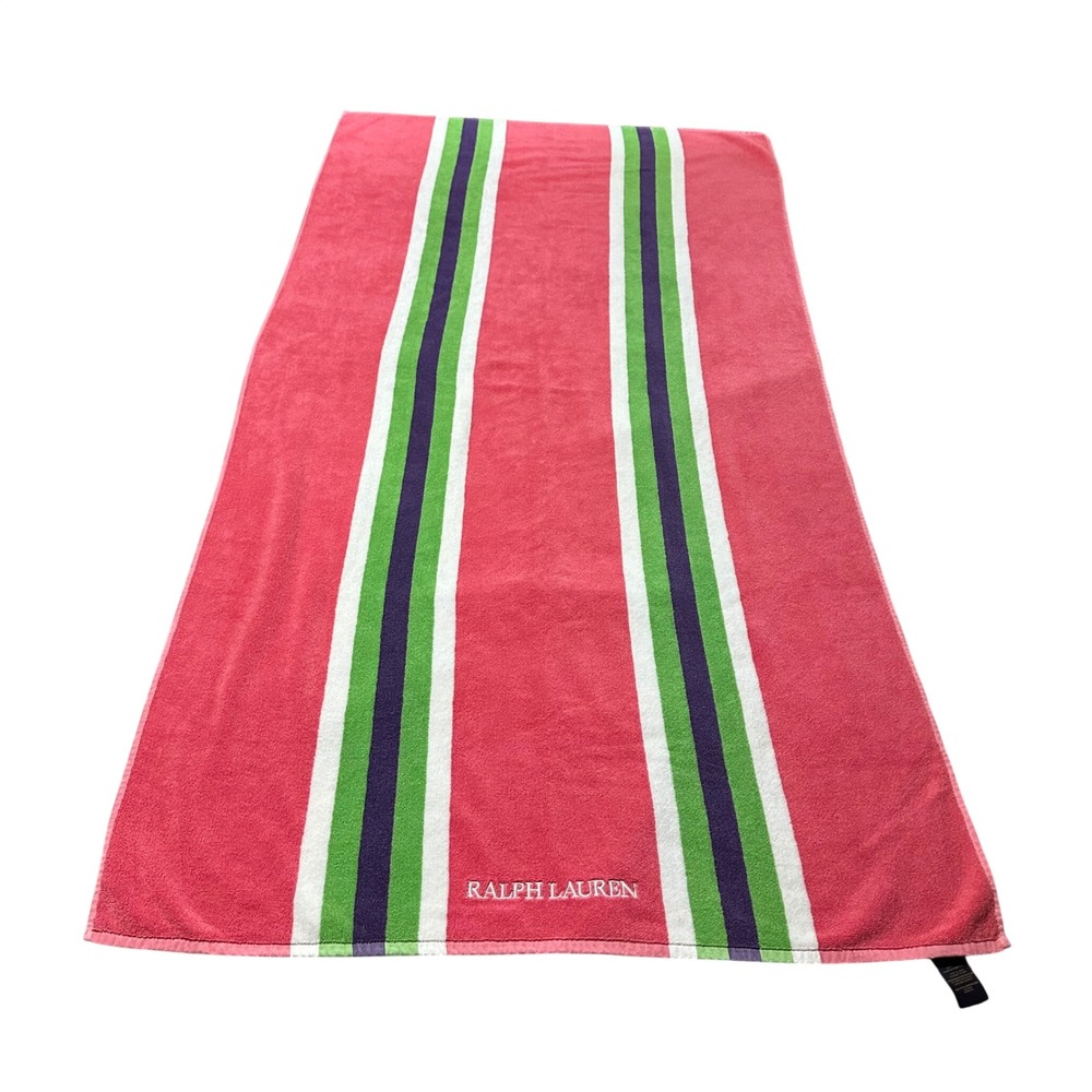 Ralph Lauren Embroidered Pink Green Striped Cotton Beach Towel 36" x 69"